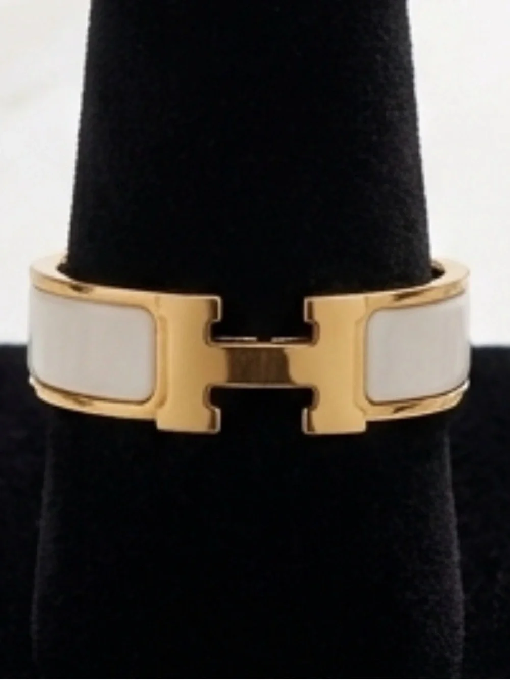 Gold-Tone H Ring with White Enamel – Size 10 – Stainless Steel
